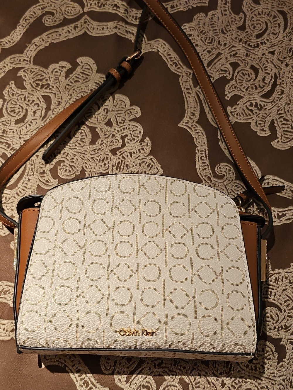 Calvin Klein White & Tan Logo Dome Crossbody Bag